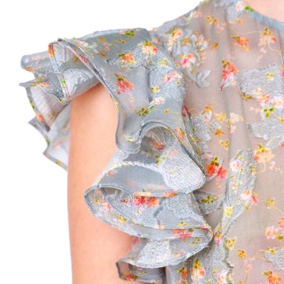 Rebecca Tayler Serra Floral Organza Ruffle Top Light Blue Silk Pattern - Picture 10 of 14